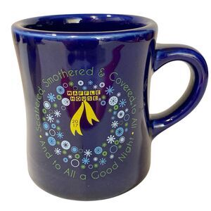 Cobalt Blue Ceramic Waffle House Christmas Coffee Mug Cup 2017 Snowflakes Tuxton